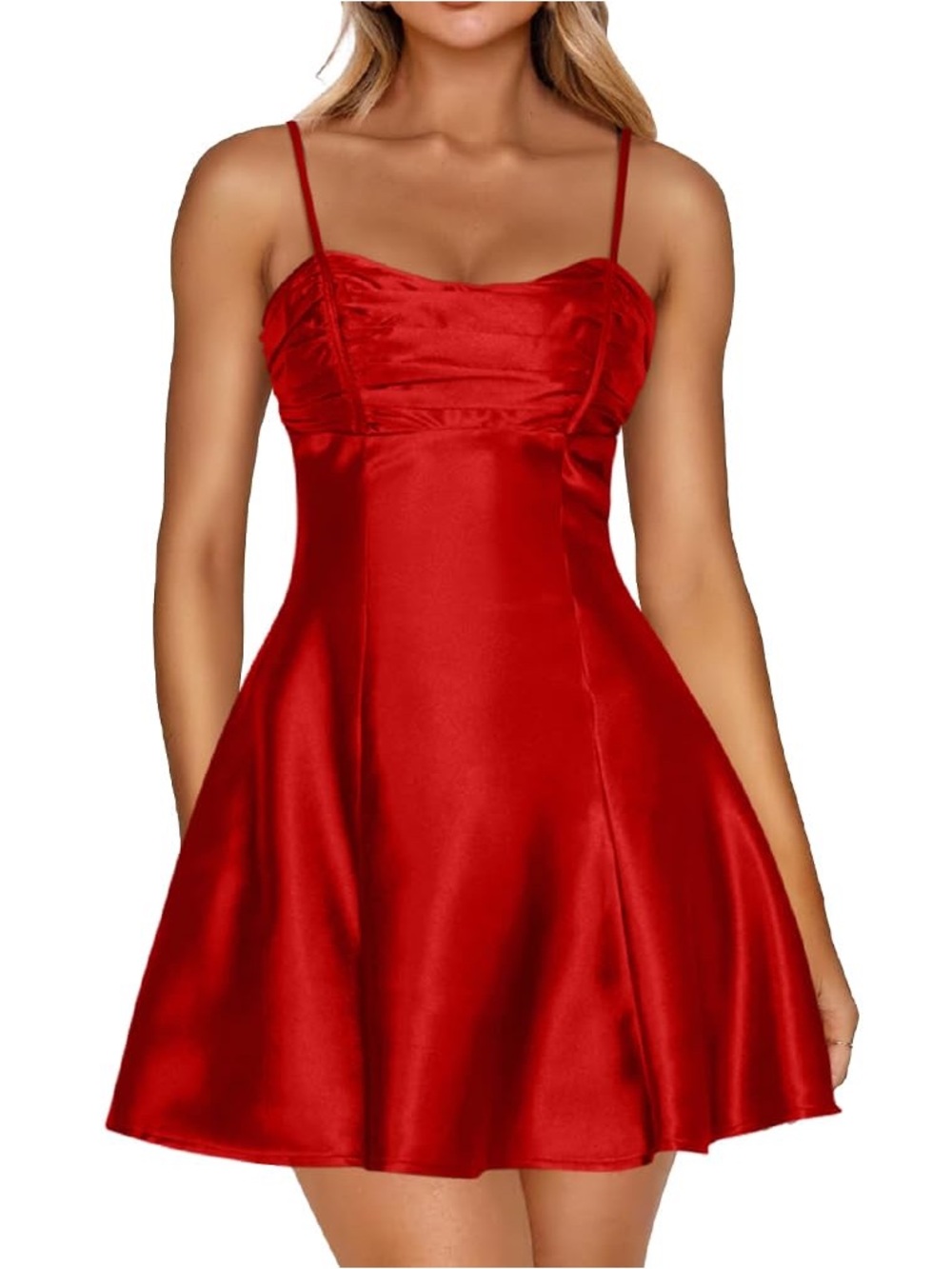 Women's Red Satin Spaghetti Strap A-Line Dress